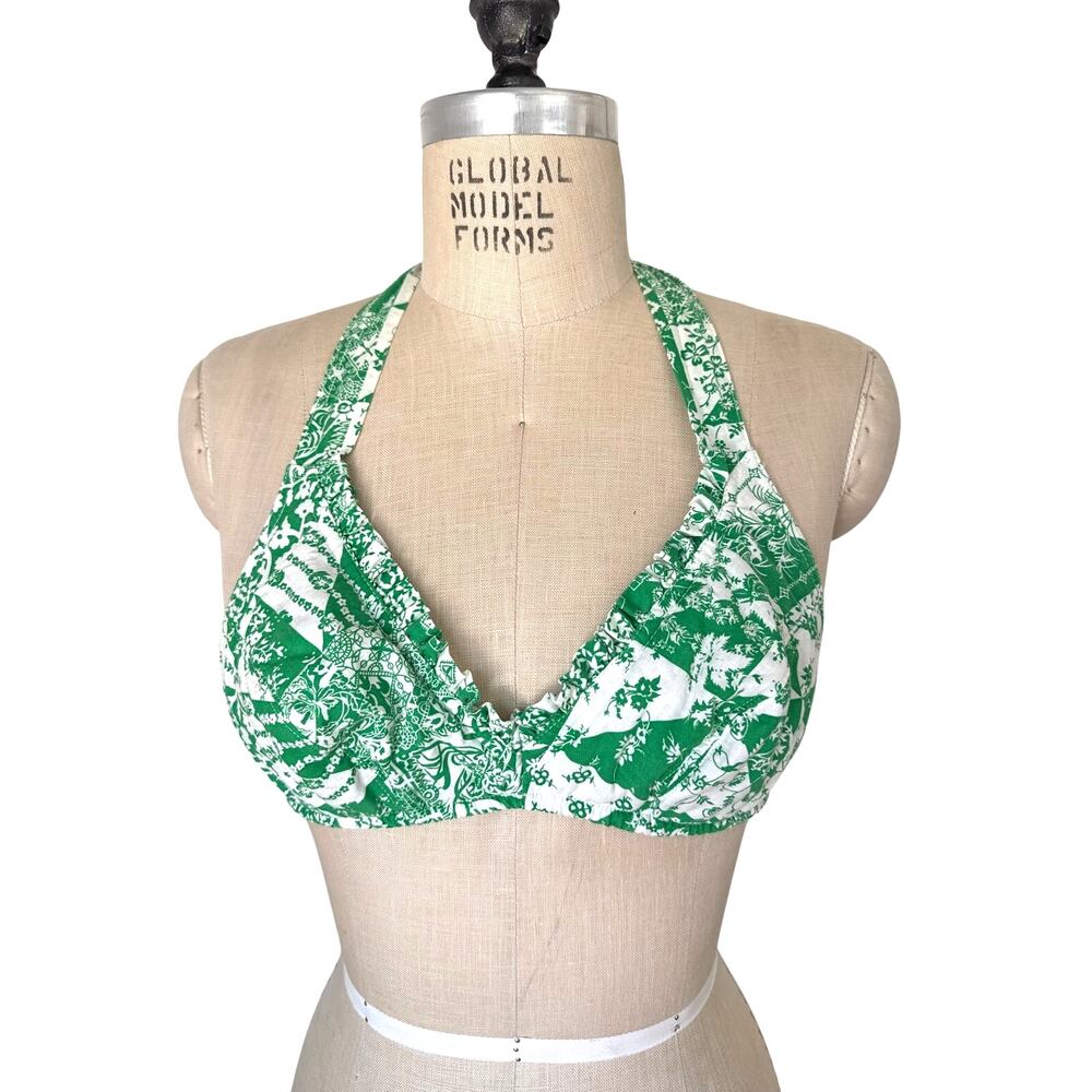 Vintage 70s Bikini Top in Green & White Patchwork Print Size Medium